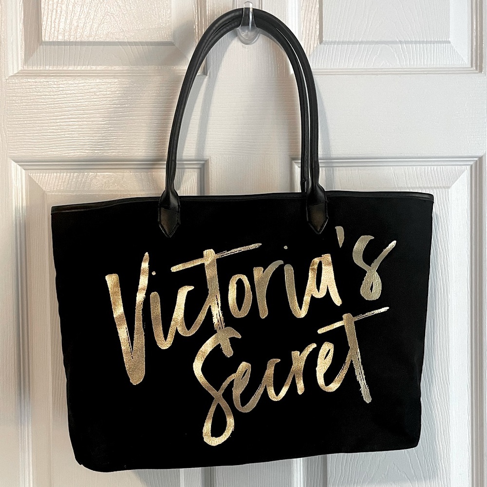 Victoria’s Secret Tote Bag Black Gold Canvas Lined Leopard Print